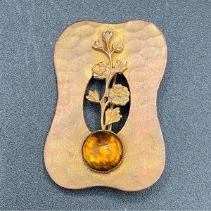 Antique Art Nouveau Brass Thistle Brooch with Citrine Colored Cabochon